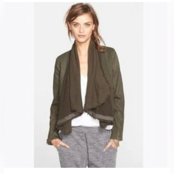 Free People Olive Green Drape Knit Coated Denim Moto Boho Fall Jacket Size 2 - Picture 2 of 9